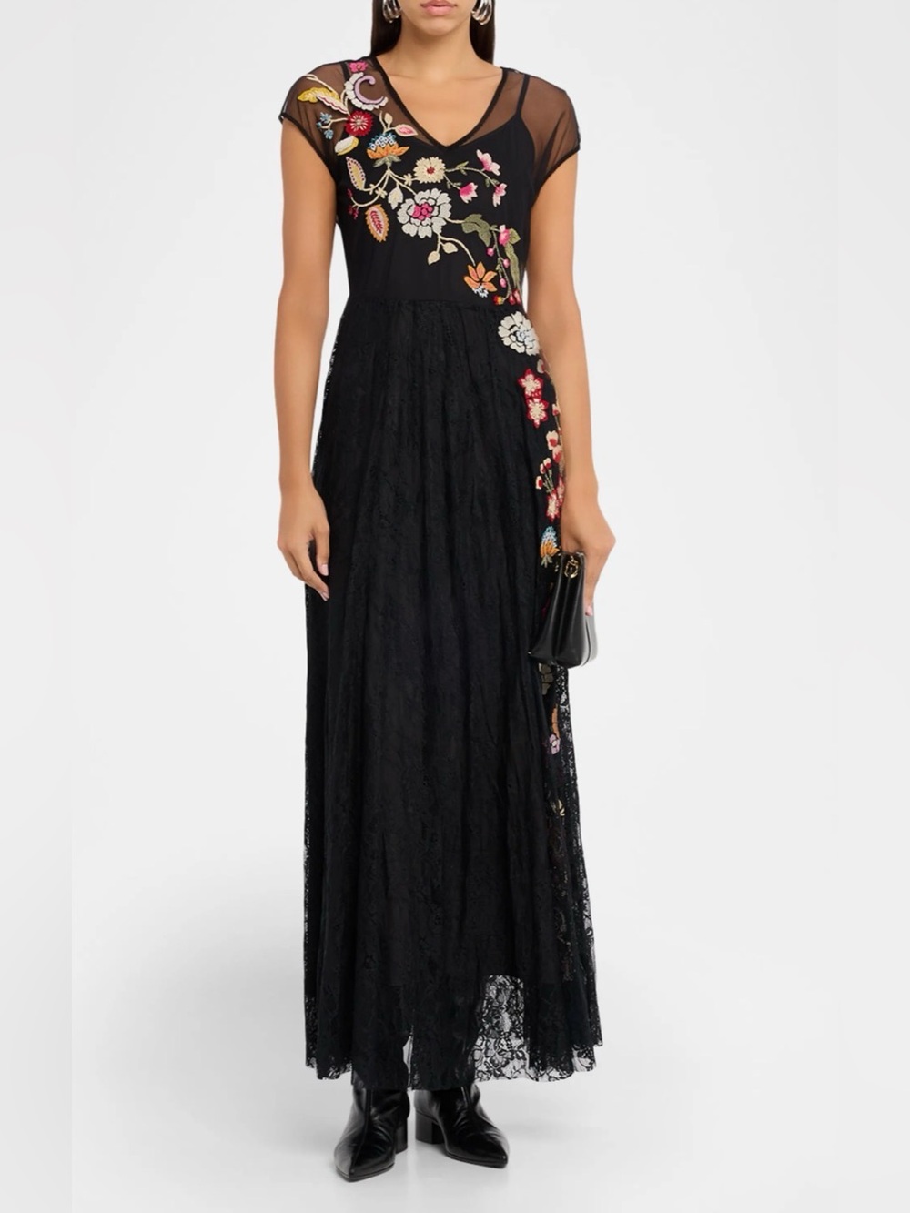 Johnny Was Mertina Black Lace Dress with Multicolor Floral Embroidery